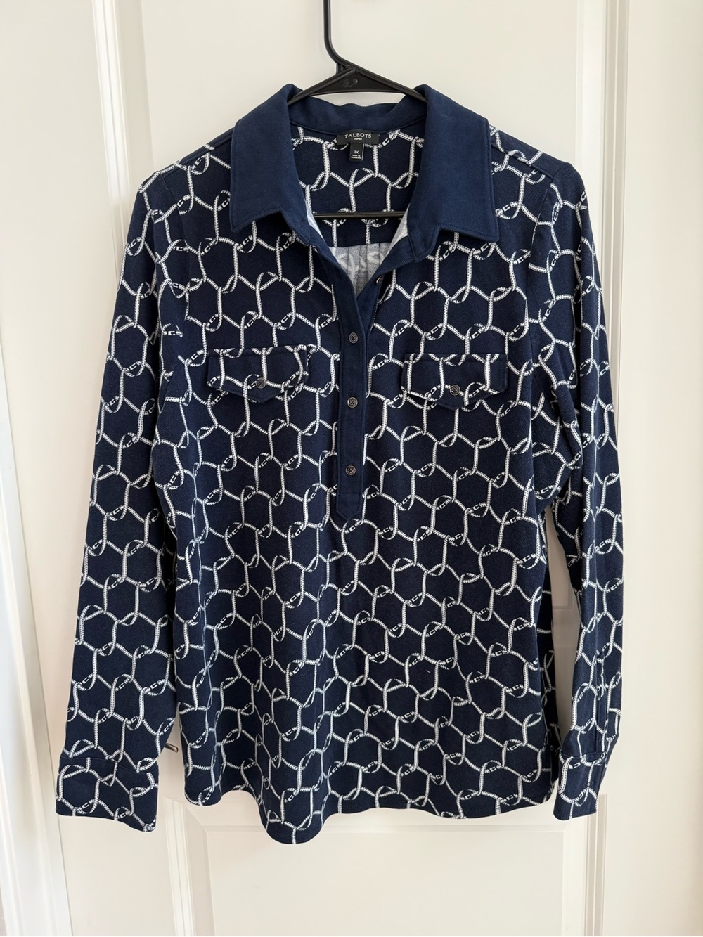 Talbots Navy & White Geometric Knit Polo Shirt